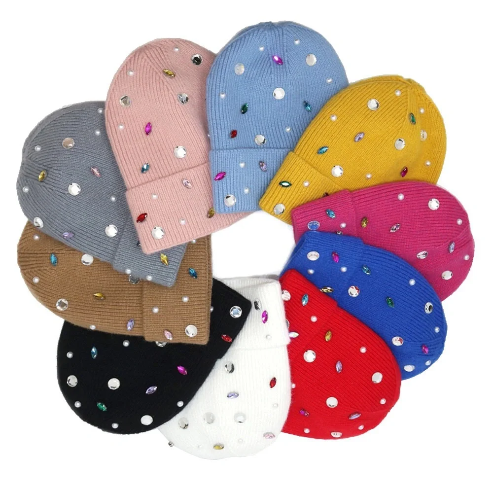 Rhinestone & Pearl Jewel Embellished Fleece Lining Knit Beanie Hat